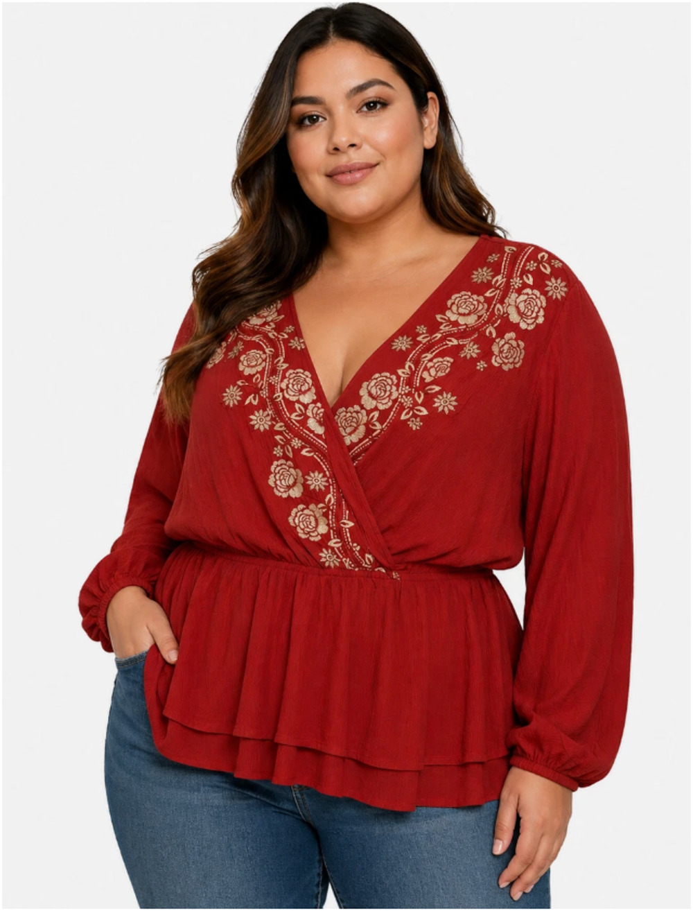 NWT Savanna Jane Top Womens 2X Orange Embroidered V Neck Long Sleeve Peplum Boho
